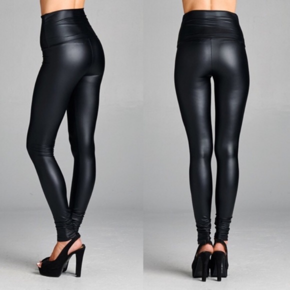 High waist fold over leather Leggings Black Matte - Picture 5 of 7